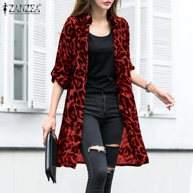 Sexy Leopard Strickjacken frauen Sommer Blusen ZANZEA 2023 Beiläufige Lange Kimono Cape Weibliche Revers Tunika Chemise Top