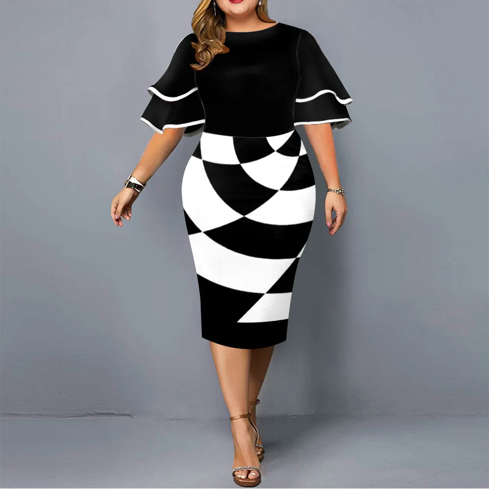 Plus Size Dress Elegant Geometric Print Birthday Party Dress 2021 New Women Layered Sleeve Wedding Evening Club Midi Dresses 5XL