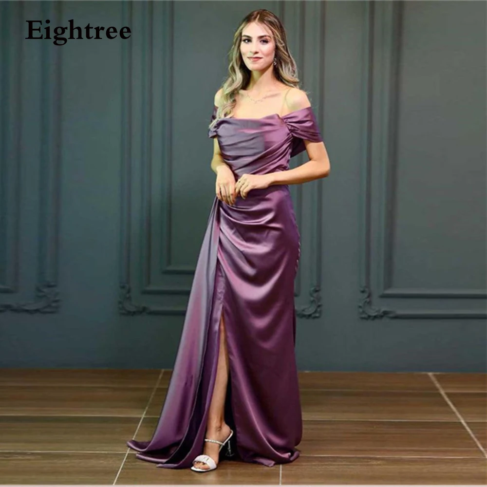 Eightree-Vestido largo de noche de sirena para mujer, traje Formal de satén con abertura lateral, sin mangas y hombros descubiertos, color morado oscuro