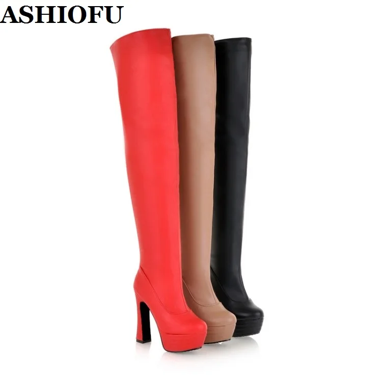 ASHIOFU MLL-M916 Women's Thick Heel Long Boots Sexy Platform Party Over Knee Boot Evening Club Winter Fashion Large Size Boots