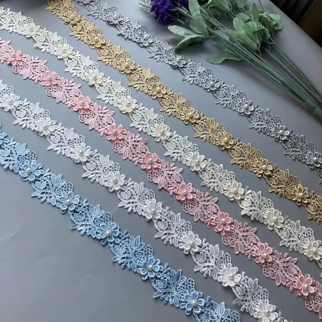 2 Yard Pearl Flower Embroidered Soluble Polyester Fabric Lace Trim Ribbon Handmade DIY Sewing Craft For Costume Hat Decoration