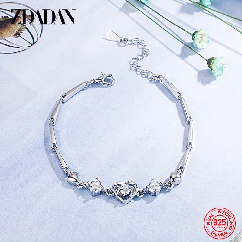 ZDADAN 925 Sterling Silver Heart Zircon Bracelet For Women Fashion Gift Wedding Jewelry