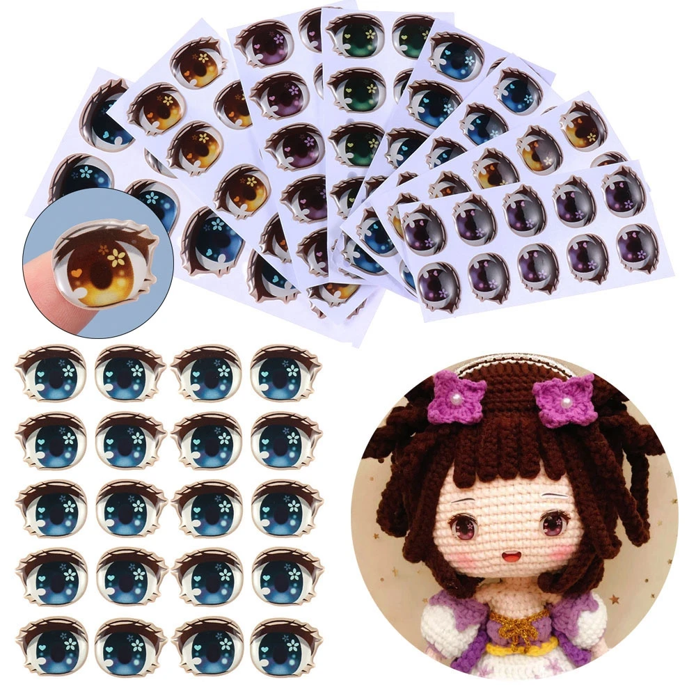 10Pairs Crystal Cartoon Doll Eyes Stickers Cute Flower Clay Decals Anime Figurine Doll Face Organ Paster Toys Doll Accessories