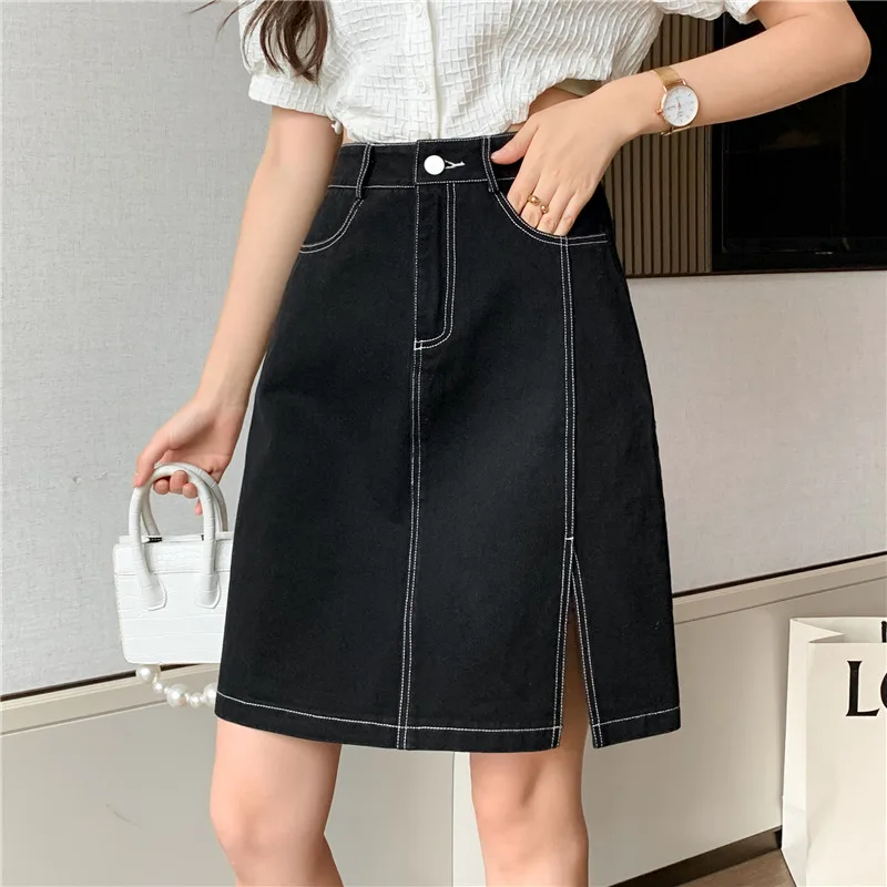 Washed Black High Waist Denim Skirt Women Fashion Slit A-line Knee Length Skirt Summer Female Casual Short Skirts