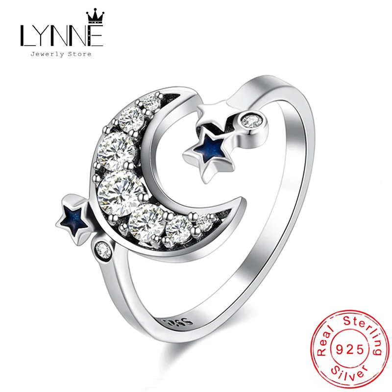 Nowa moda Kreatywny projekt Księżyc Gwiazda Cyrkonia Pierścionki o zmiennym rozmiarze 925 Sterling Silver Rhinestone Elegancki pierścionek Biżuteria damska i dziewczęca Prezent
