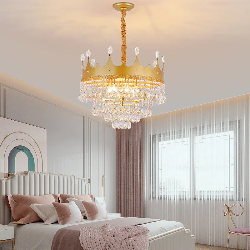 

French Crown Crystal Chandelier Light Luxury Children's Room Princess Room Golden Black Restaurant Living Room Lighting