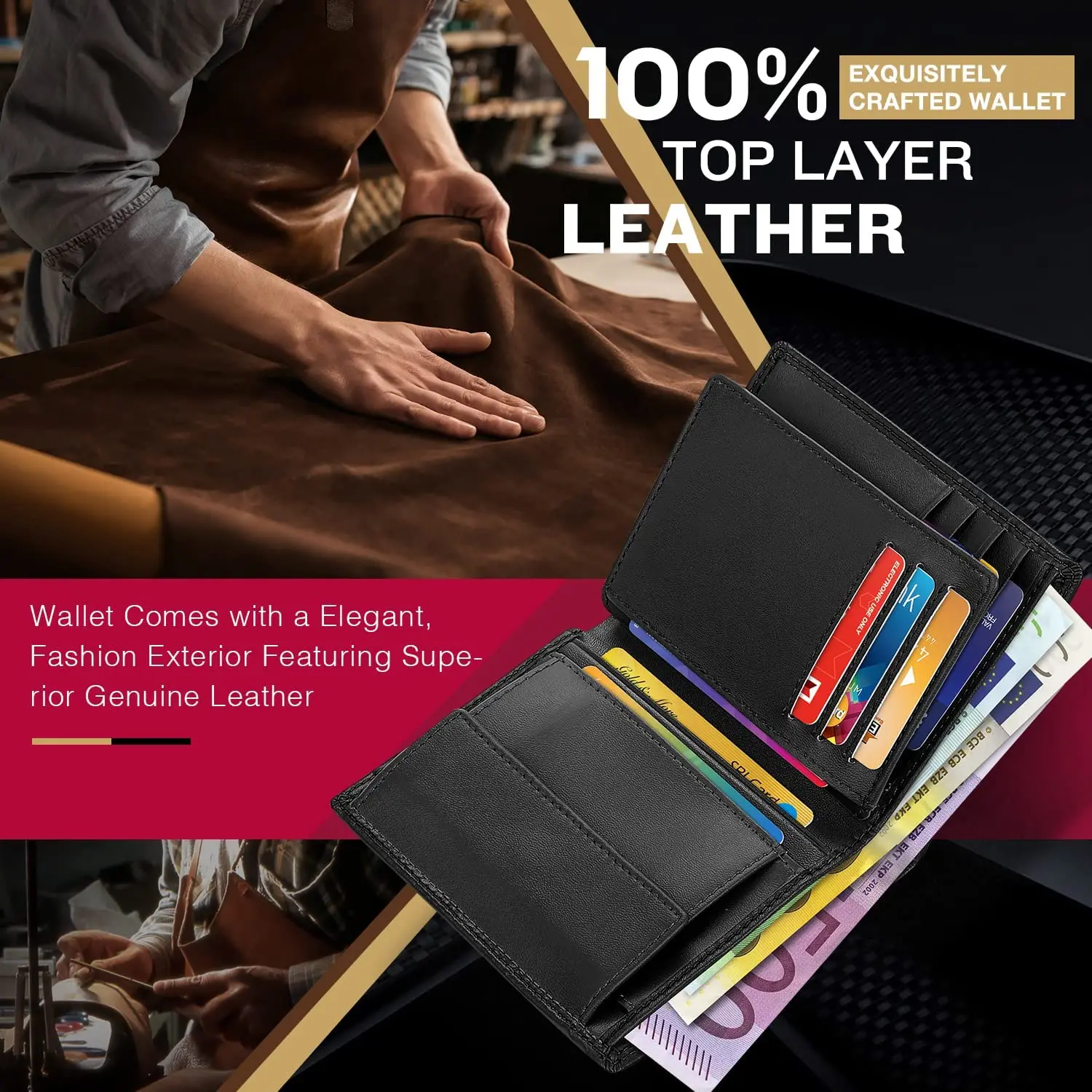 Elegant Fashion Wallet Men Genuine Leather Coin Pocket Card Holder Purse RFID