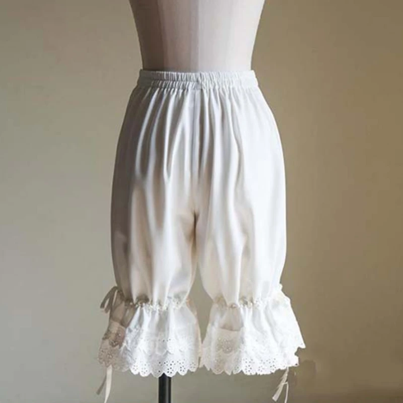 Vintage Solid Color Lantern Pants Bloomers Ruffles Lace Hem Bow Shorts Elastic Wasit Wide Leg Pants Elastic Bubble Pants