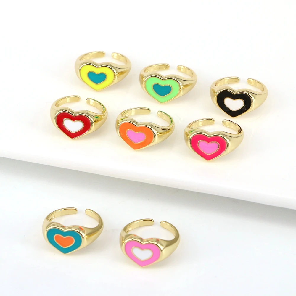 10PCS, New Colorful Enamel Heart Surrounded Lovely Stacking Rings for Women Minimalist Gold Rings for Best Friend Cute Heart