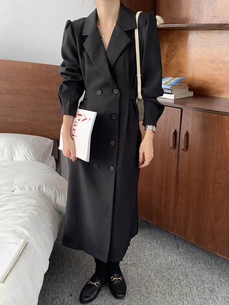 Croysier Women Dresses 2021 Notched Lapel Double Breasted Blazer Dress Elegant Office Lady Long Sleeve Vintage Belted Midi Dress