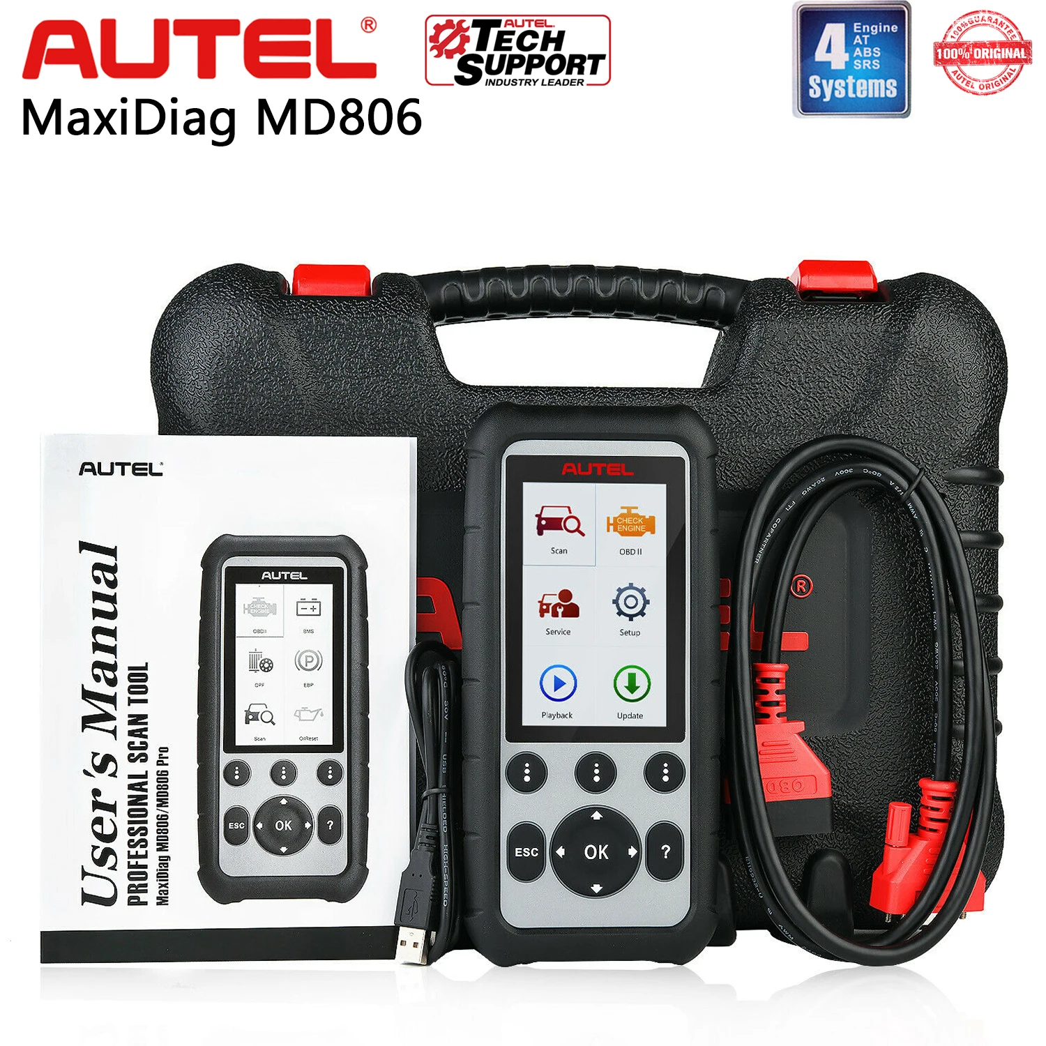 Autel MaxiDiag MD806 OBD2 Diagnostic Scan Tool Read/Clear Codes Four System Diagnosis Oil Reset PCM TCM ABS SRS EPB DPF SAS BMS