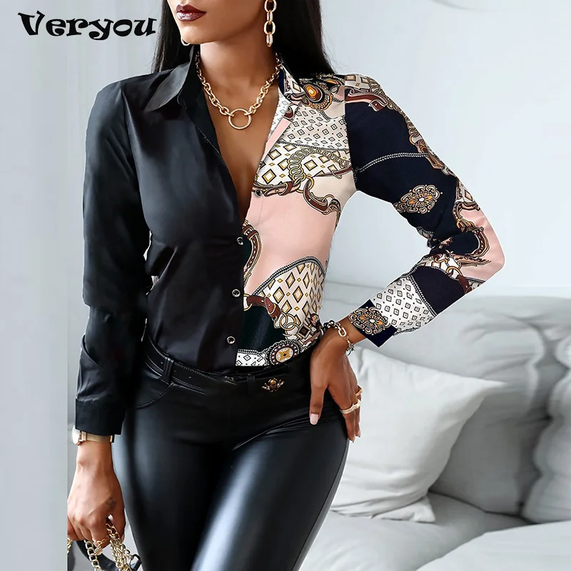 2024 Women Fashion Elegant Scarf Chain Print Button Design Shirt Long Sleeve Patchwork Spring Autumn Officewear Blouse Women