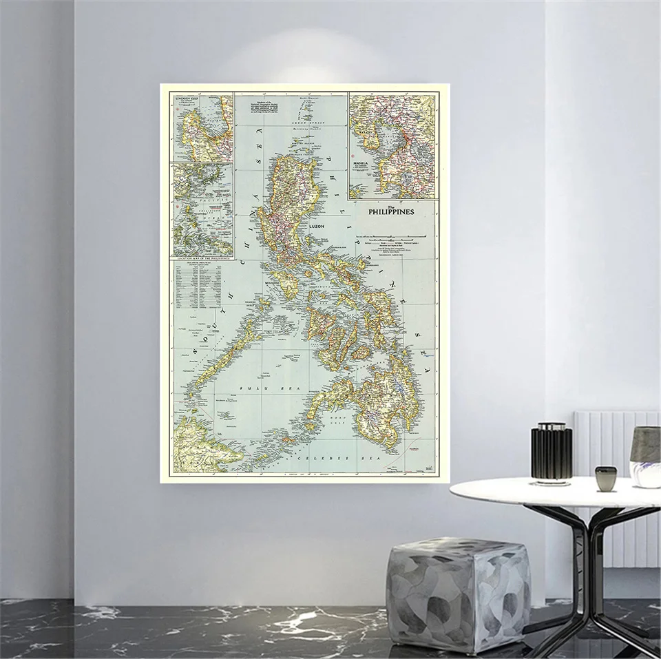 Imagem -04 - Mapa Vintage Filipino 1945 Pôster Artístico Detalhado para Parede Pintura em Tela Não Tecido Material Escolar Decoração para Casa 150*225cm