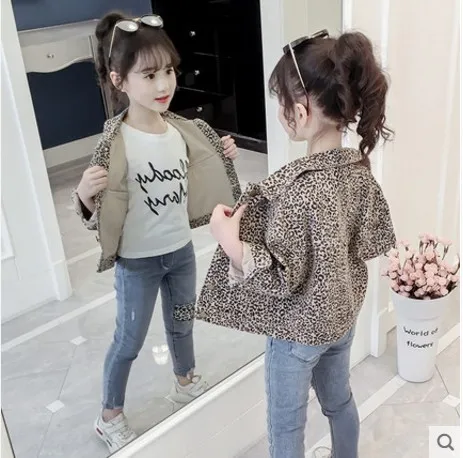 

New Arrival Girls Trendy Cotton Denim Leopard Jacket Spring Fall Children's Wear Kids Outerwear Clothes Student Casual Tops P141