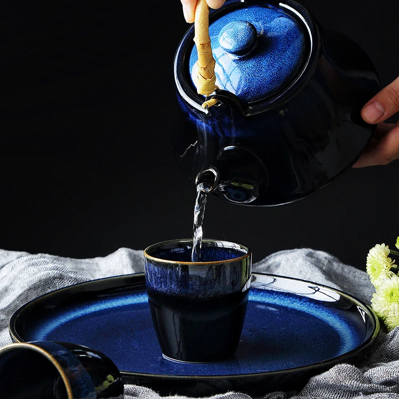 Blue Cat Eye Design Teapot Chinese Traditional Ceramic Tea Cup Afternoon Tea Drinkware Set Home Decor Teaware Kung Fu Tea Set