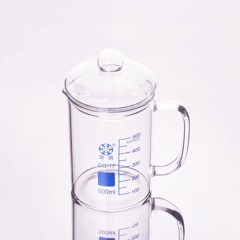

Beaker in low form with spout and glass handle,Capacity 500ml,Outer diameter=90mm,Thickness=3mm,Height=120mm,Laboratory beaker