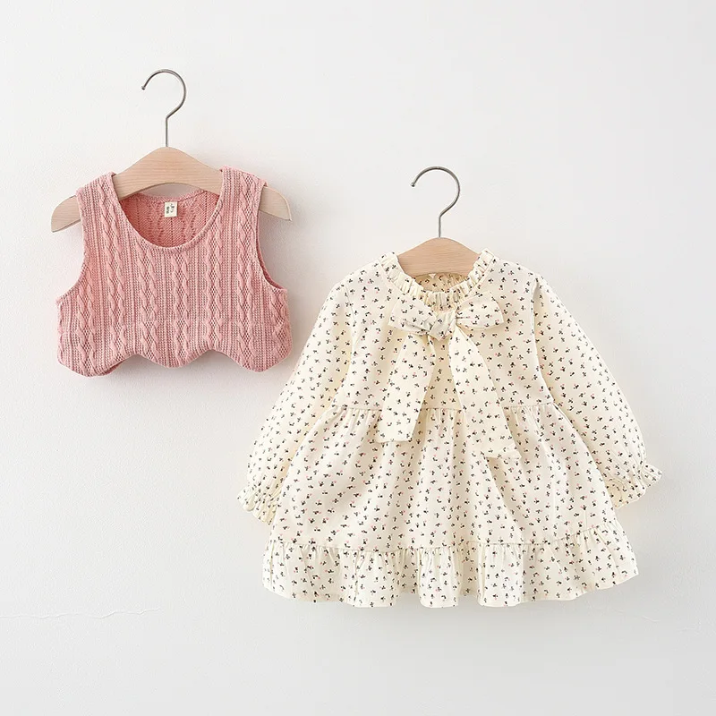 

Baby Girl Autumn Fall Clothes Newborn Bow Flowers Long Sleeve Dress And Solid Knitted Vests Outfits Toddler Casual Clothing Sets