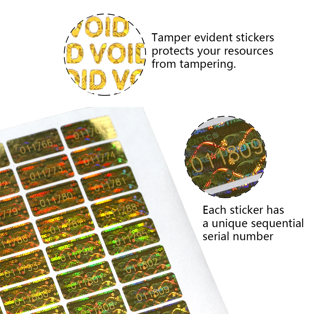 Tamper-Proof Golden Label with Serial Number, Anti-fake Hologram, Security Sealing Labels, Warranty Void Stickers, 10x20mm