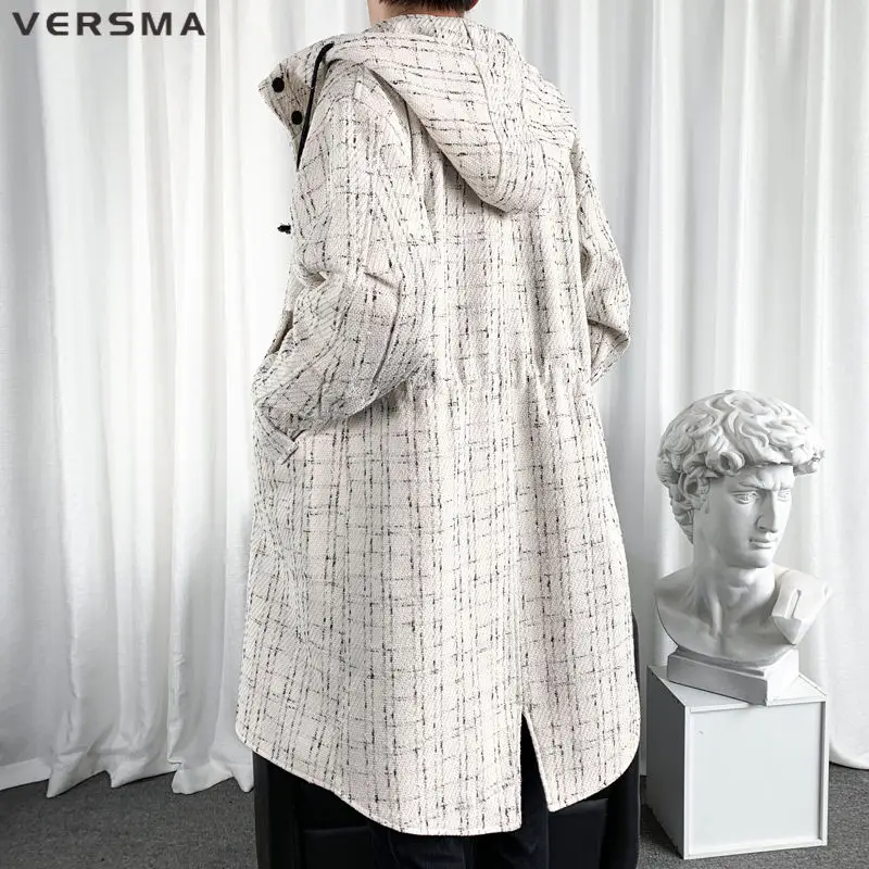 VERSMA Japanese Trendy Long Wool Russian Trench Coat Homme Autumn Hooded Plaid Oversize Windbreaker Men Large Size Dropshipping