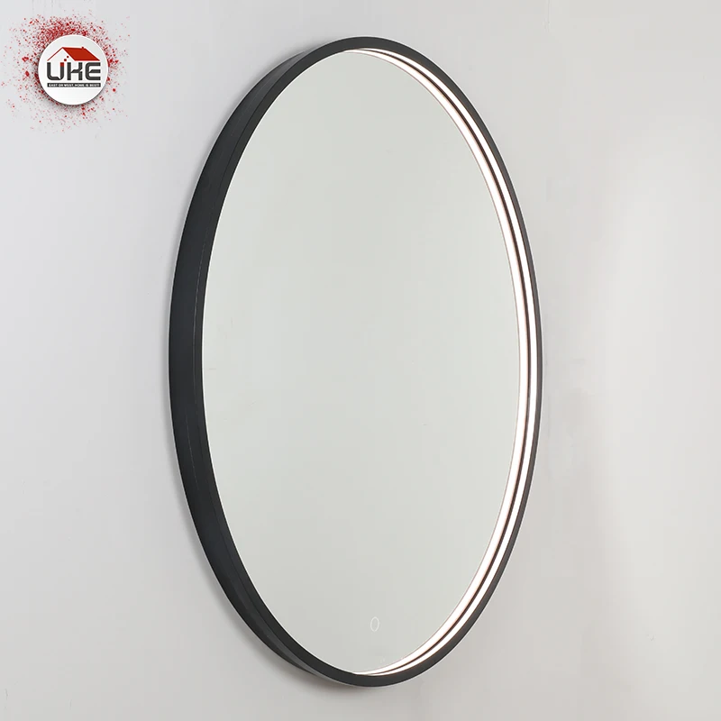 Smart Round Bathroom Mirror with LED Light High Quality Refection Aluminum Black Frame Wall Hanging Silver Round Mirror