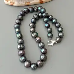YYGEM 925 Silver Clasp Natural 10-11mm Freshwater Cultured Black Potato Pearl Choker Necklace 17