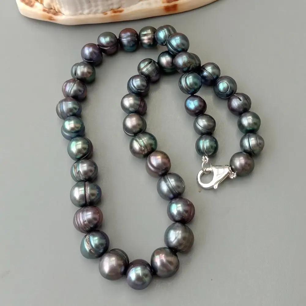 YYGEM 925 srebrna zapinka naturalne 10-11mm słodkowodne hodowlane czarne ziemniaki Pearl Choker naszyjnik 17"