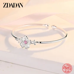 ZDADAN 925 Sterling Silver Flower Open Cuff Bracelet For Women Fashion Wedding Jewelry