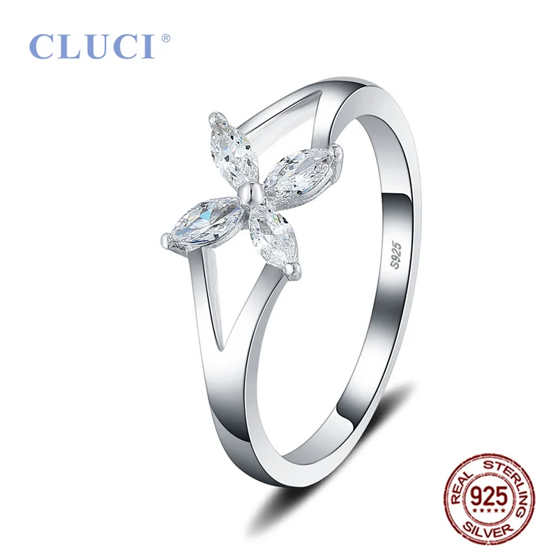 Cluci 925 anel de prata esterlina branco zircônia cúbica, para mulheres, presente de dia dos namorados, prata 925, anel de meninas floridas dr1064sb