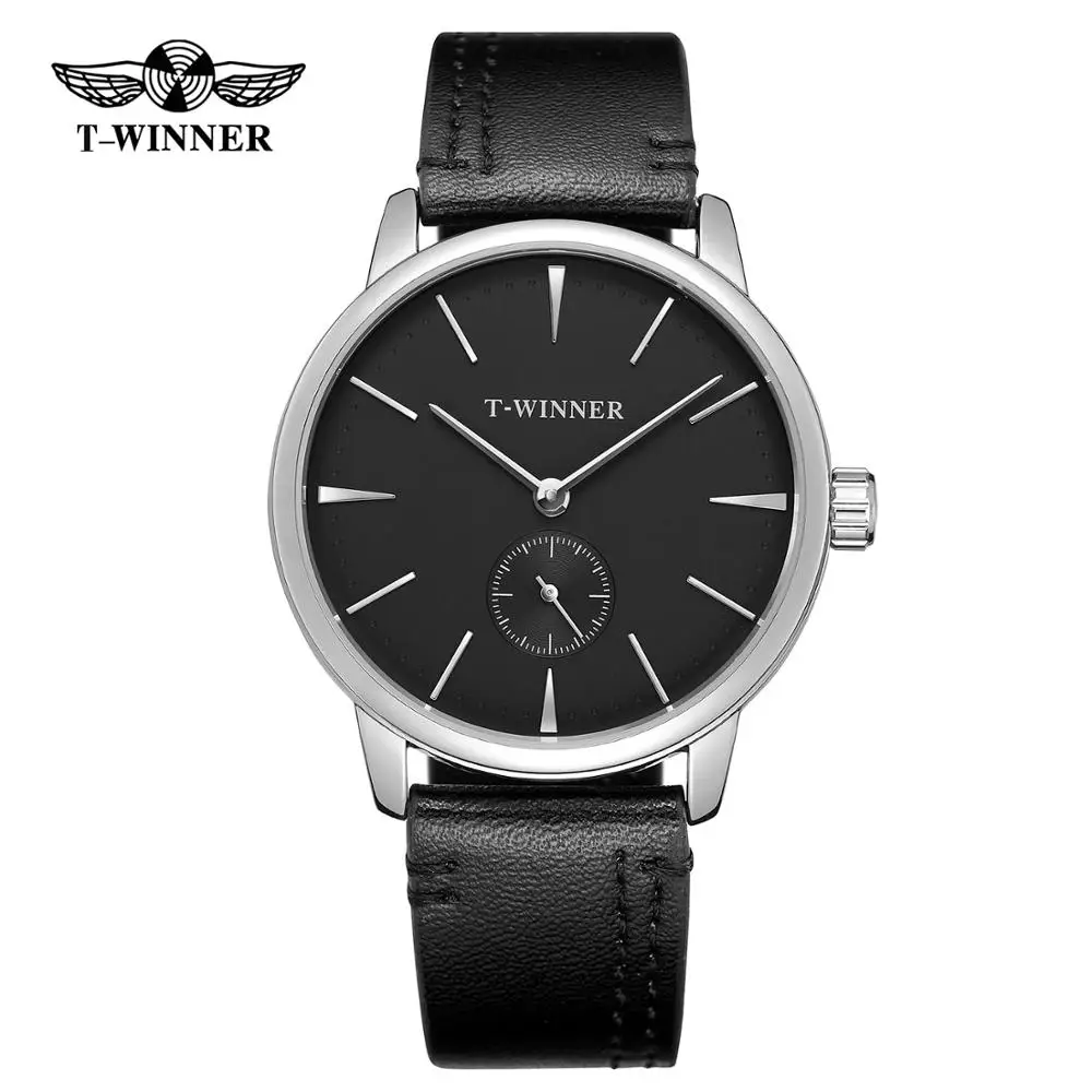 T-WINNER fashion simple casual men\'s watch black dial silver case black leather strap automatic mechanical watch