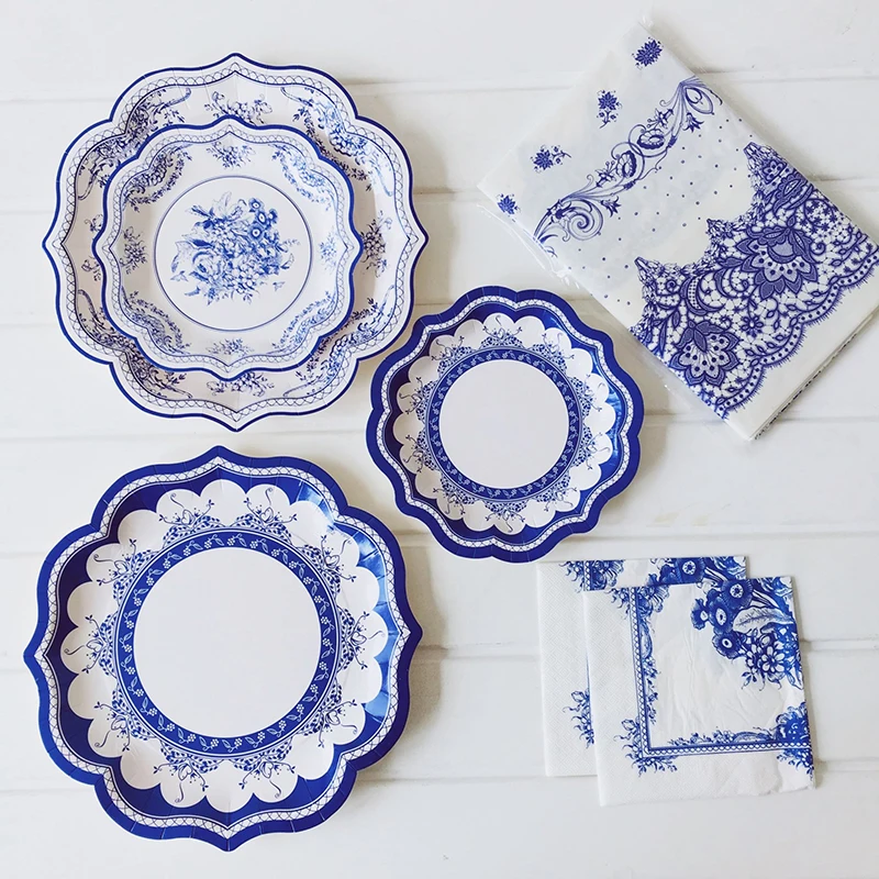 Chinese Style Blue and White Porcelain Paper Plates Tray Floral Party Picnic Wedding Birthday Children Disposable Tableware Dish