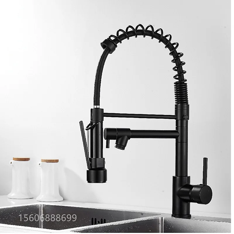 Grifo de cocina con resorte para fregadero de cocina, mezclador de agua caliente y fría, multifuncional, doble salida, negro