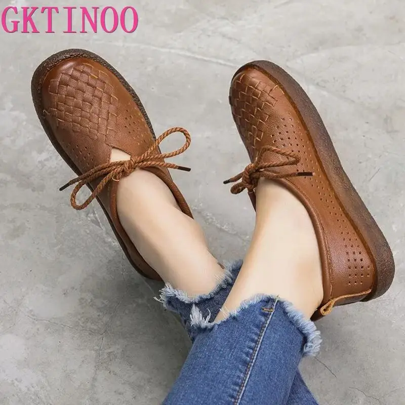 GKTINOO Spring Ladies Genuine Leather Handmade Shoes Women Lace Up Flat Shoes Women 2024 Autumn Soft Loafers Flats