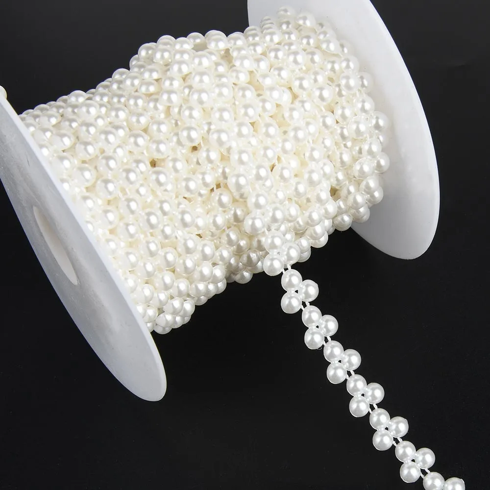 2Yard 12-16mm Width ABS Flatback Elegant Double Cotton Line Imitation Pearls Bead Chain Trim Garland for Wedding Christmas Party