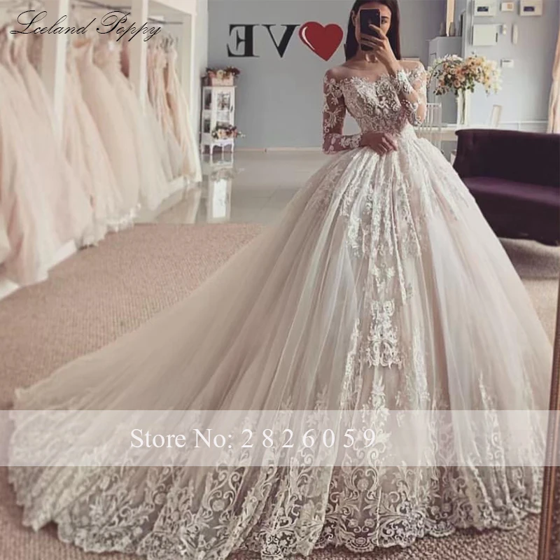 Lceland Poppy Customized Ball Gown Lace Apliques Wedding Dresses Scoop Neck Long Sleeves Floor Length Bridal Gowns