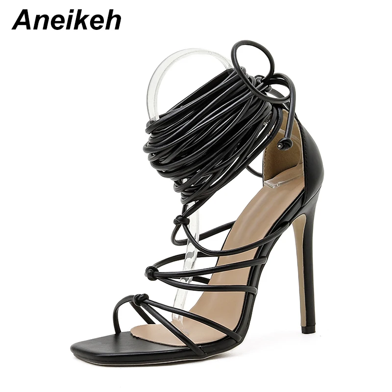 Aneikeh NEW Summer Sexy Women\'s Sandals Narrow Band Slides Ladies Gladiator Party Thin Heels Square Toe colourful Shoes Fashion