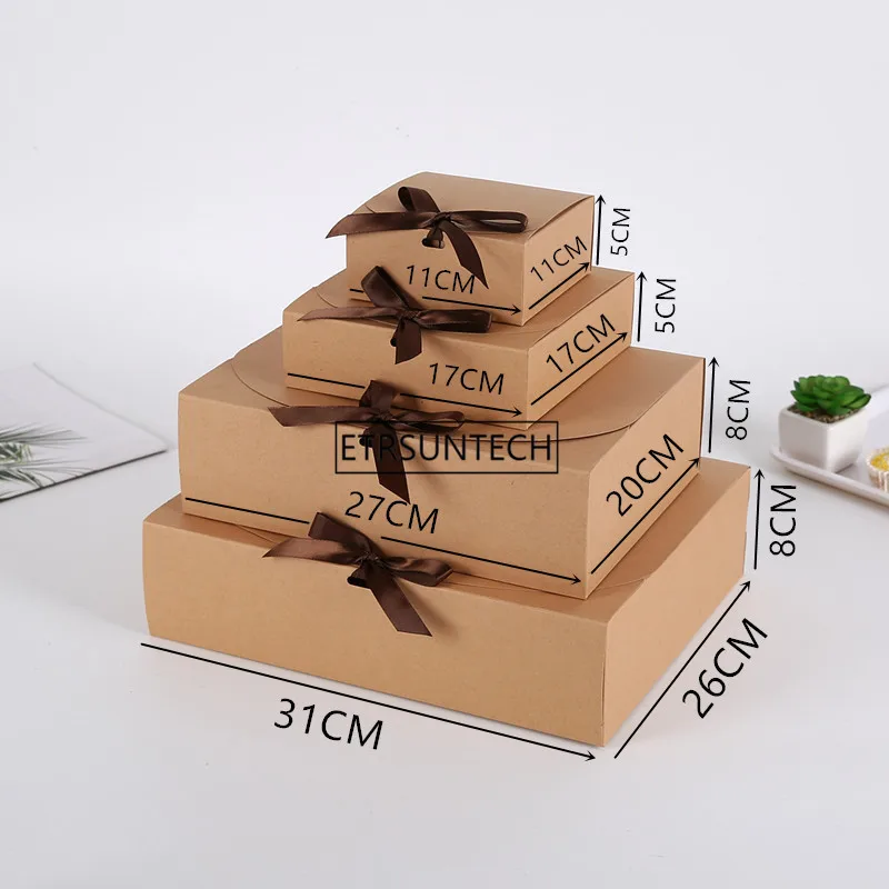 100Pcs/Lot 4 Size Large Vintage Retro White Kraft Paper Box, DIY Wedding Favor Gift Box, Single Cake Box Packaging With Ribbon