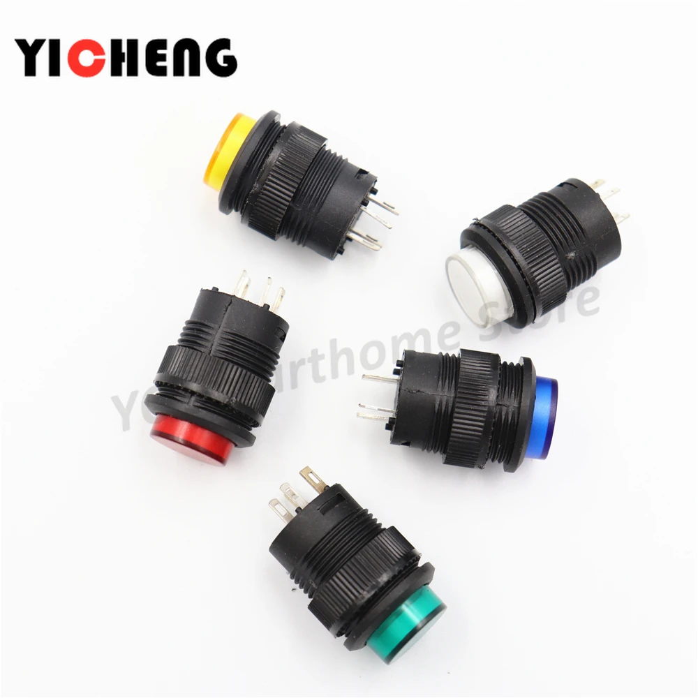 5Pcs R16-503 key button switch with light jog reset self-locking switch round 4 Pin 2 Pin 16MM With light  LED 3V