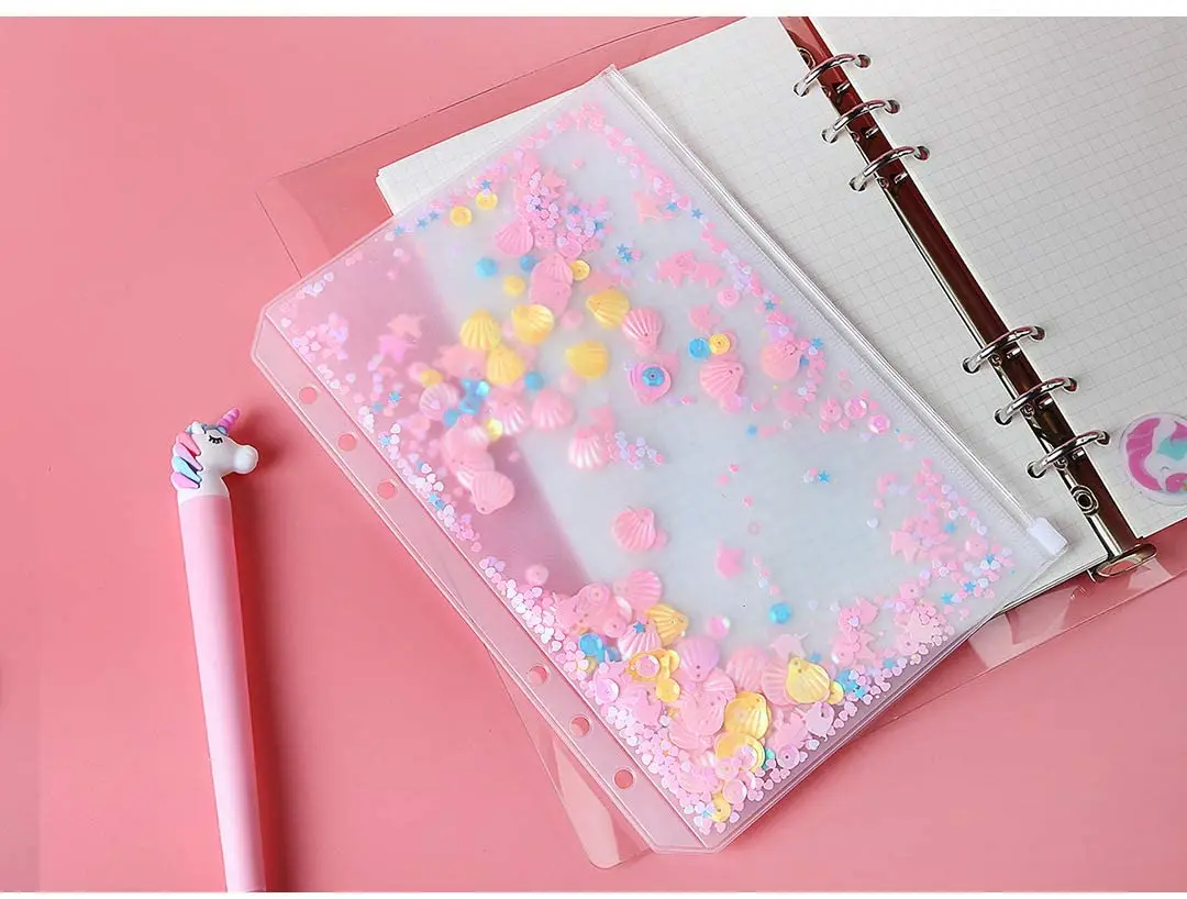 A5/A6 6 Holes Binder Pockets Plastic Zipper Envelopes Pouch For 6-Ring Notebook Built-in Glitter Flakes Stars Decoration