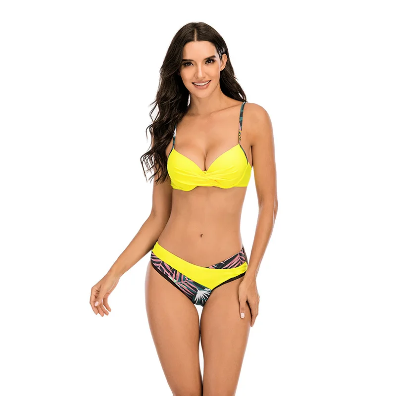 

Женский комплект бикини пуш-ап, купальники в стиле пэчворк, купальник с рюшами, сексуальное бикини на бретелях, желтая пляжная одежда, лето 2024