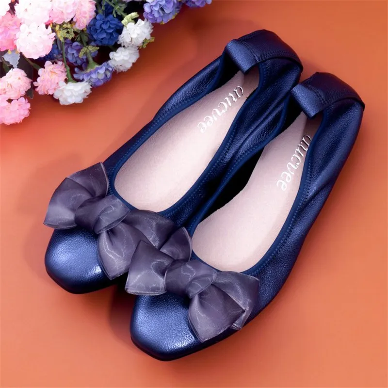 Fashion Butterfly-knot Flats Shoes Women Square Toe Party Genuine Leather Ballet Flats Big Size 3.5-12 Shallow Ladies Flat Shoes