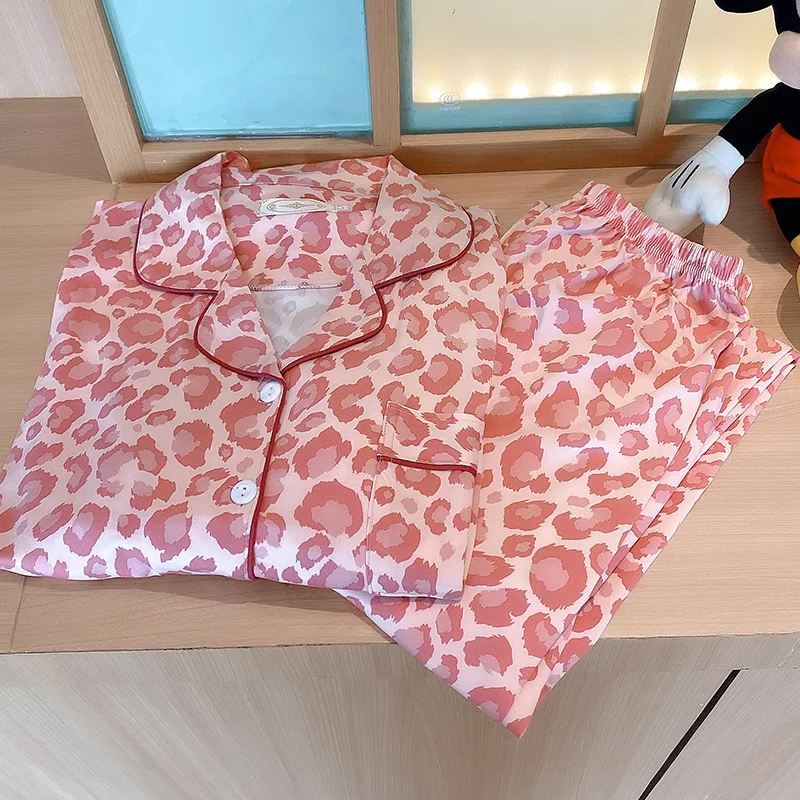 Pijama Femenino De Manga Larga Con Conjunto PantalonesPijama De MangaDe Estampado De Leopardo Rosa, Larga Para Mujer,