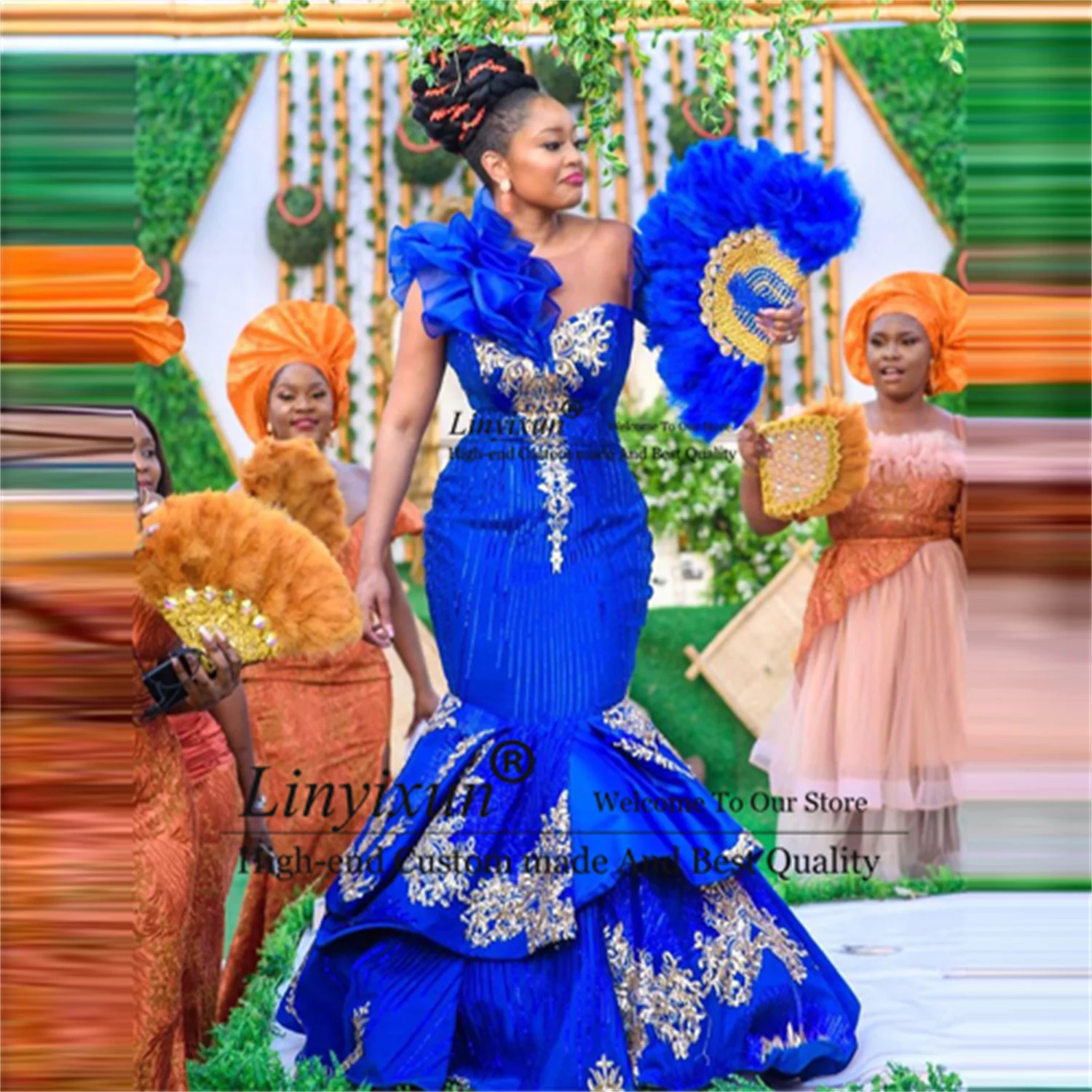 Luxury Royal Blue Africa Prom Dresses Mermaid Plus Size Long Sleeves Appliques Evening Party Gowns Aso Ebi Vestido De Fiesta