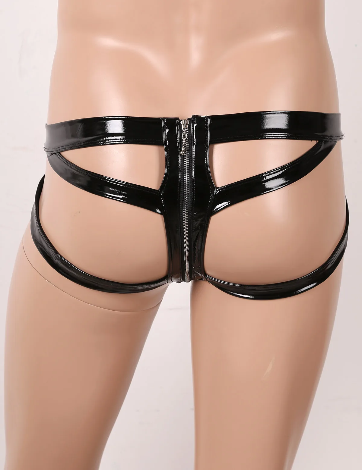 Sexy Mens Wet Look Patent Leather Lingerie  Briefs Jockstrap Low Rise Bulge Pouch Back Cut Out Double-ended Zipper Underwear