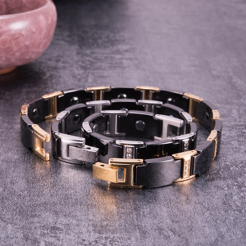 Cross Ceramic Bracelet Male AAA Zirconia Black Steel Magnetic Bracelet Benefits Health Hematite Energy Bracelet for Arthritis