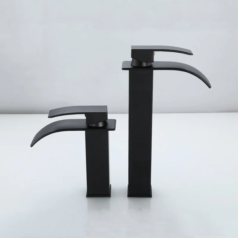 Bathroom Deck Mounted Basin Faucet Black Sink Tap Waterfall Cold and Hot Water Mixer Tap Brass Chrome Vanity Vessel Sink Faucets