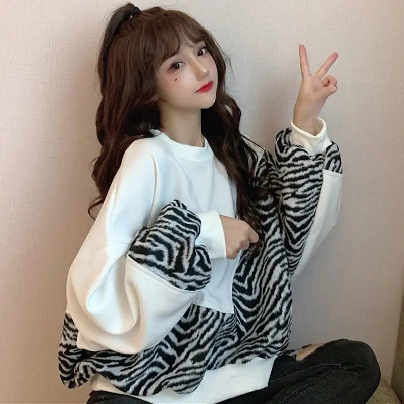 

Pullover Spring New Korean Version Loose Retro Zebra Pattern Stitching Top Fashion All-match Long-sleeved Sweater Women