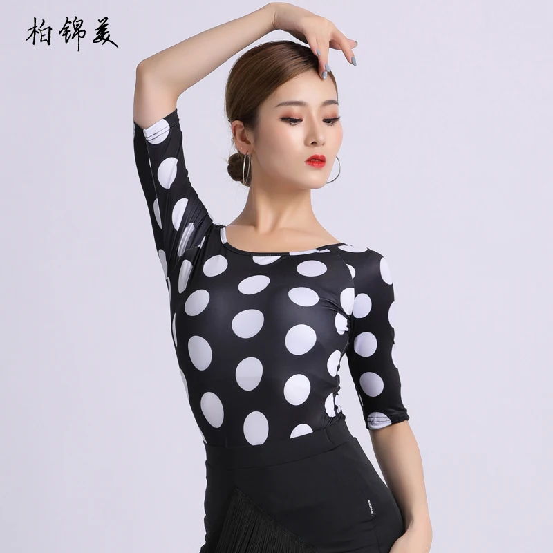 Latin dance shirt female adult new round neck national standard modern dance performance practice clothes competition dance danc