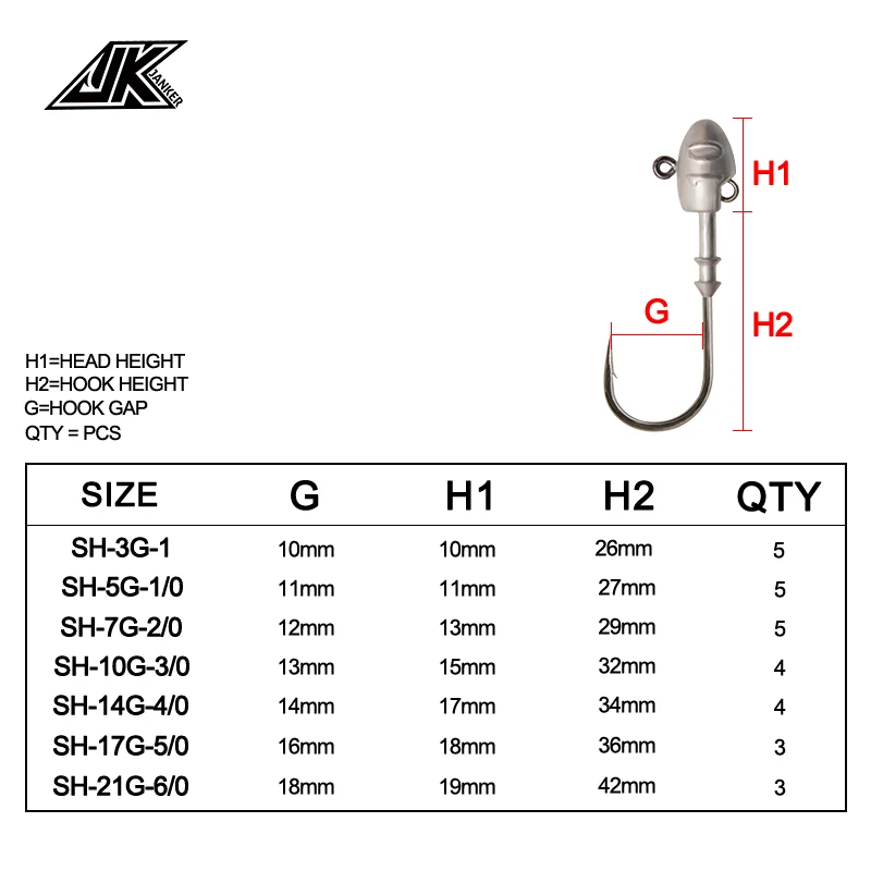 JK SH 3-5 pcs/pack Lead Head Hooks 3g-21g 2X Strong Black Nickel Plated Rust Resistance Saltwater Fishhook