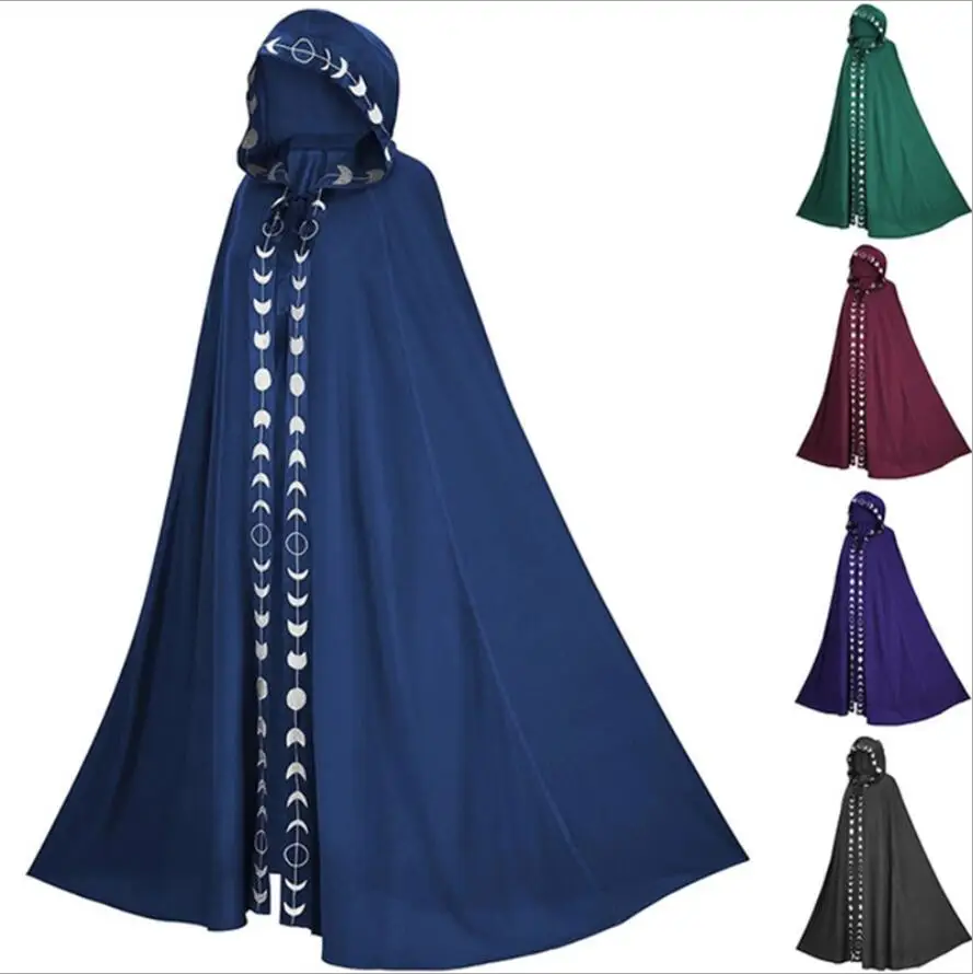 Cape à Capuche de oral alier Gothique pour Homme et Femme, Costume Médiéval de Magicien, Imprimé Lune, Halloween, Longue, Ponchos de Sorcière, Grande Taille 5XL