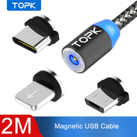 TOPK AM17 2M LED Magnetic USB Cable for iPhone Xs Max Micro USB Type C Cable Samsung Braided Phone Cable Magnet Charging Wire